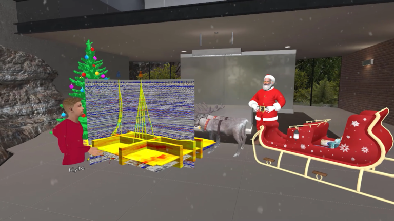 Avatar Looking at 3D Grid Model and Santa